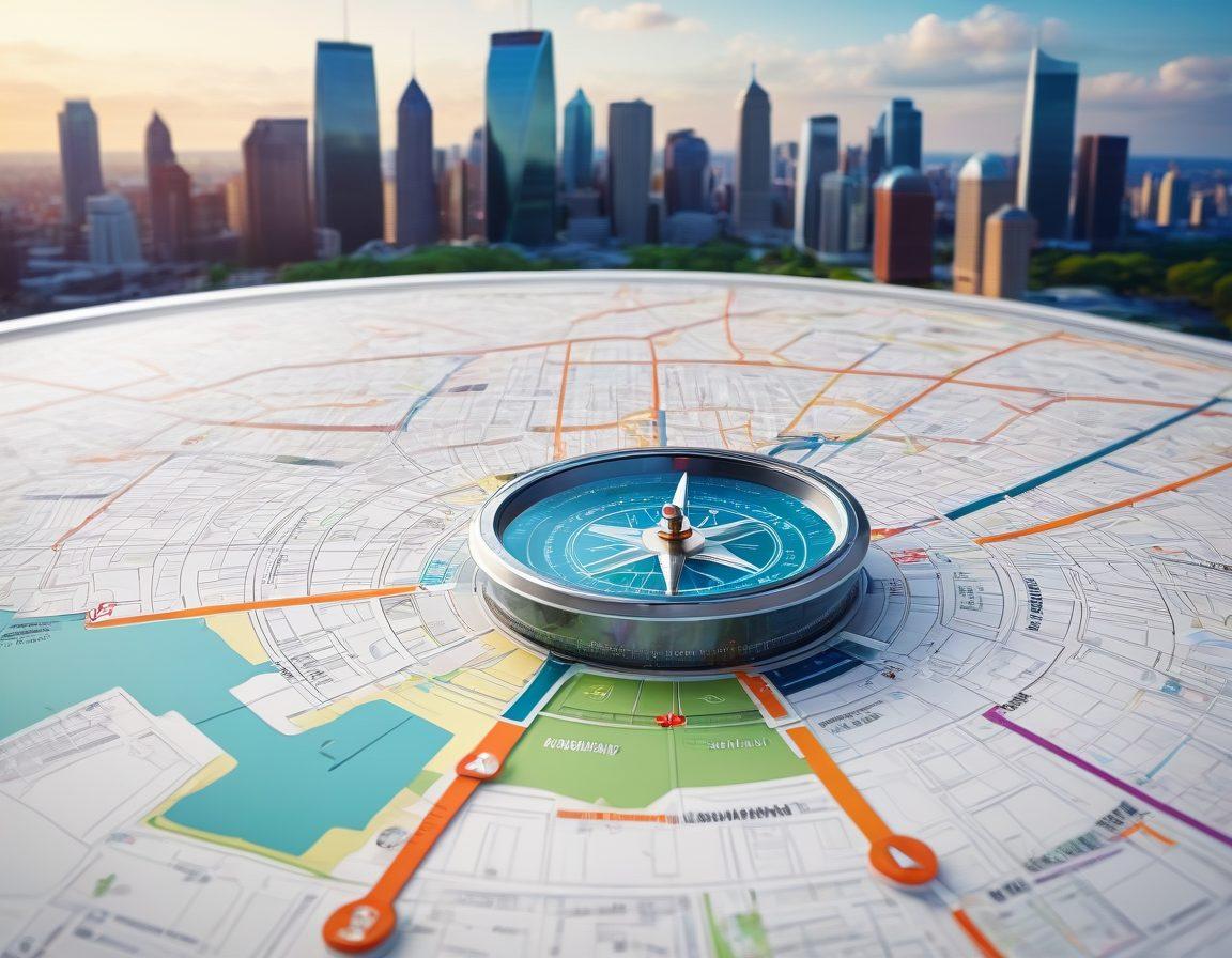 A modern navigator's compass superimposed over a digital map filled with various insurance icons (e.g., house, car, health) and vibrant visual representations of smart coverage choices. The background features a city skyline with a tech-inspired design, symbolizing the digital world. The colors should be bright and engaging, reflecting innovation and clarity in insurance choices. super-realistic. vibrant colors. 3D.